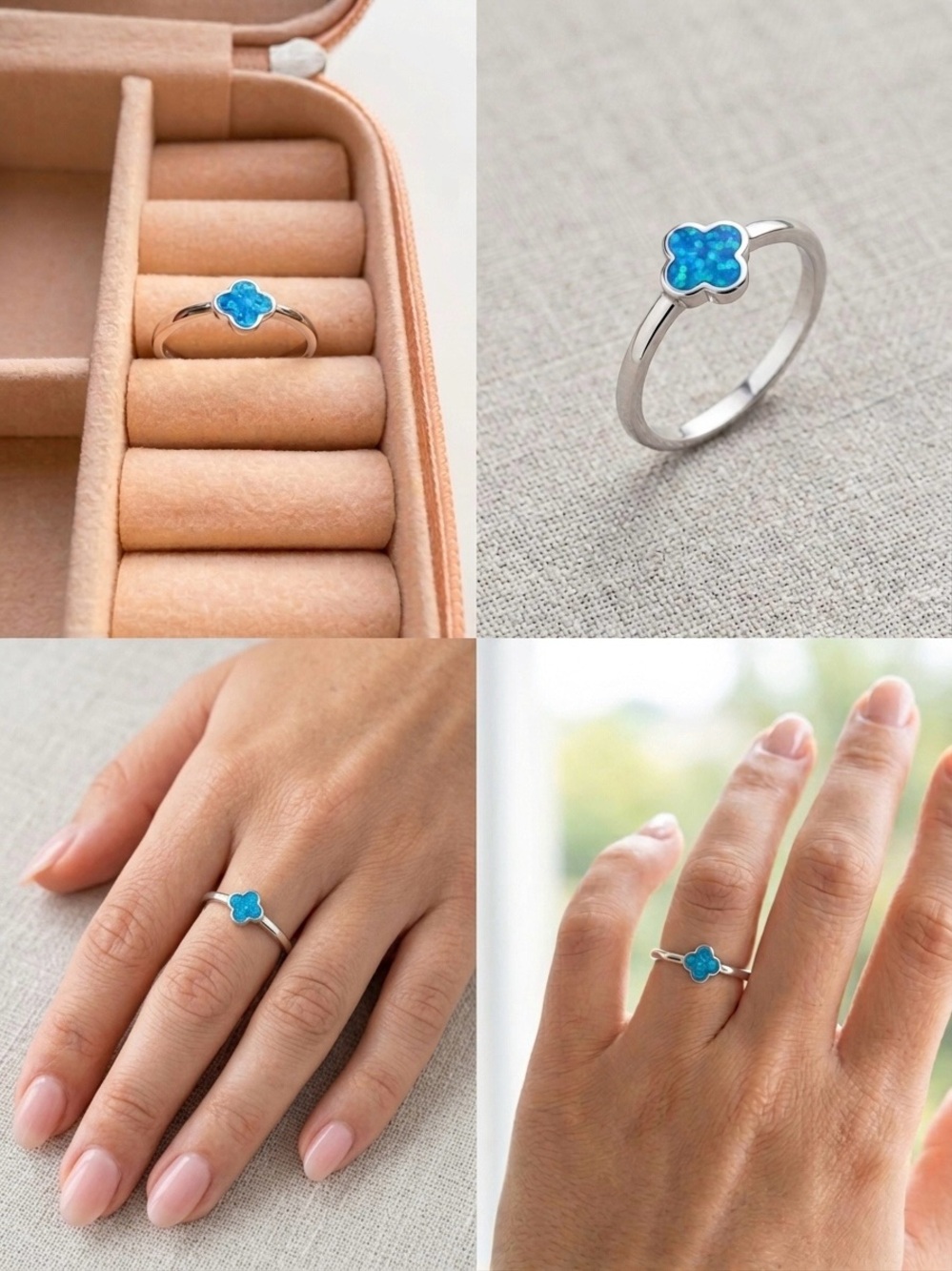 Women's Silver 925 Clover Ring with Blue Opal Accent